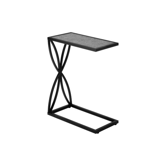 C-Shaped Slide-Under Sofa Side End Table, Grey Stone Texture Tabletop with Geometric Black Metal Frame Modern Accent Snack Table