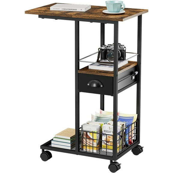 C Shaped Sofa Side Table: Couch End Table with Drawer - Bedside Table with Wheels - 19.7''L x 11.8''W x 28''H - C Mobile Tables with Storage Basket for Living Room Bedroom