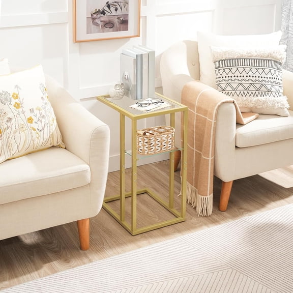 C Shaped Sofa Side Table Glass Top Metal Frame Gold Coffee Table Small Space Accent Table for Living Room Bedroom Balcony