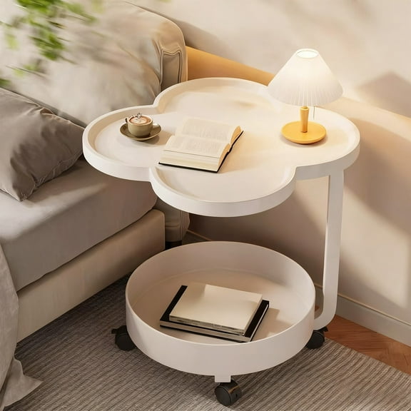 C-Shaped Sofa Side Table Sideboard End Tables with Brake Swivel Casters, Open Double Storage, Living Room Corner Table, Mini Balcony Small Tea Table, Bedroom Removable Bedside Small Table