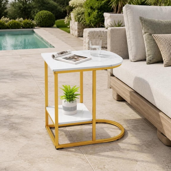 C-Shaped Sofa Side Table with Faux Marble Tabletop, Metal Frame, and Storage Shelf, White