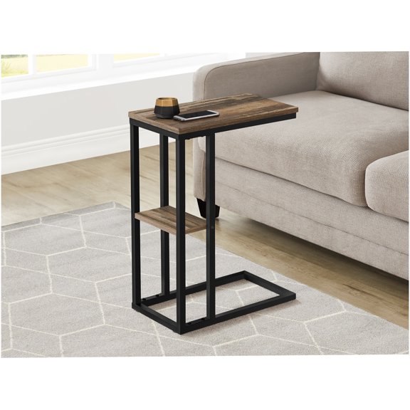 C-Shaped Sofa Side Table with Lower Shelf, Brown Laminate Top & Black Metal Frame, End Table for Living Room & Bedroom