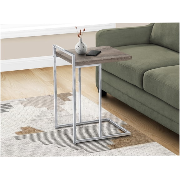 C-Shaped Sofa Side Table with Metal Base, Taupe Laminate and Chrome Finish for Living Room Bedroom