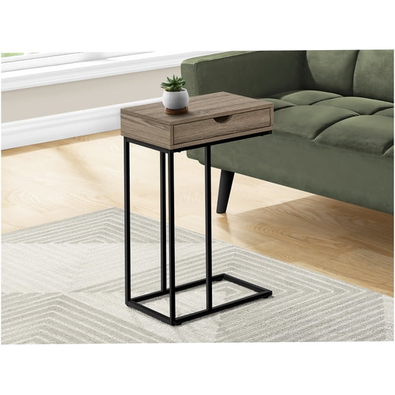 C-Shaped Sofa Side Table with Storage Drawer, Taupe Laminate Top and Black Metal Frame, End Table for Living Room Bedroom