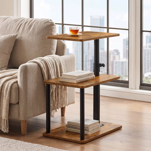 C-Shaped Swivel Bedside Table with Adjustable Height & 3-Tier Storage, 360° Rotating Top for Sofa Bed Living Room, Brown/Gray/Black/Walnut