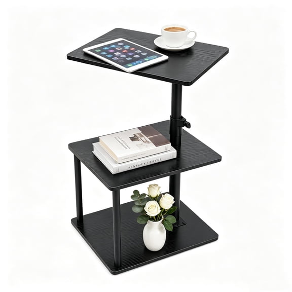 C Shaped Swivel End Table with Storage, Height Adjustable from 18 to 33 Inch for Couch, 360° Rotating Tabletop, 3-Tier Shelf, Multipurpose Side Table for Living Room Bedroom
