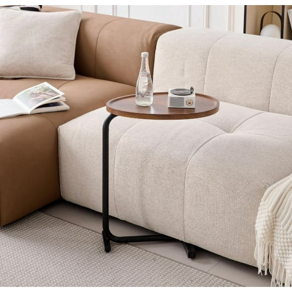 C-Shaped TV Tray Table,Sofa Table End Table Side Table with Metal Frame for Bedroom Living Room,Brown