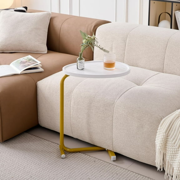 C-Shaped TV Tray Table,Sofa Table End Table Side Table with Metal Frame for Bedroom Living Room,White