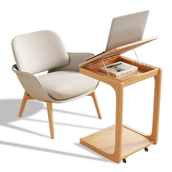 KASLANDI C Shaped End Table, Bedside Table with Wheels, Wooden Couch Table with Adjustable Desktop for Living Room, Bedroom, Natural