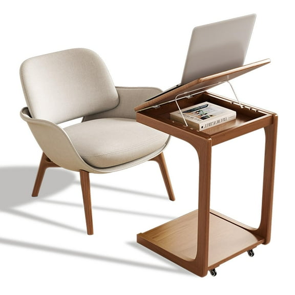 KASLANDI C Shaped End Table, Bedside Table with Wheels, Wooden Couch Table with Adjustable Desktop for Living Room, Bedroom, Walnut