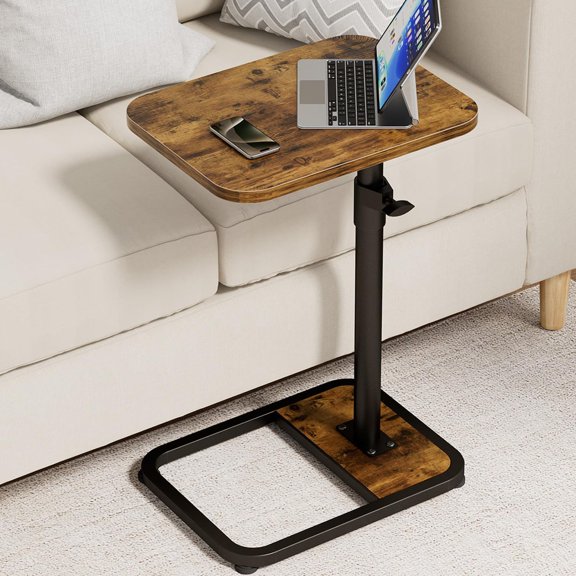 C-Shaped Tables Small Swivel End Table, Height Adjustable Side Tables Living Room, Rotating Snack Couch Wooden Tv Trays for Eating On Couch, Rustic Brown