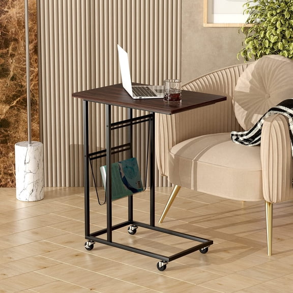 C Shaped Under Couch Table Laptop Side Table for Sofa Bedside with Rolling Casters