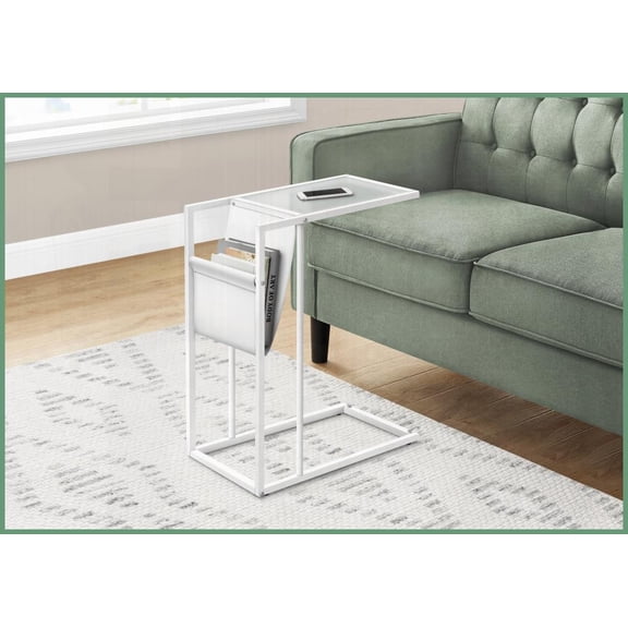 C-Shaped White Leather Look Coffee Table with Magazine Storage Easy-Clean Glass Top for Living & Bedroom