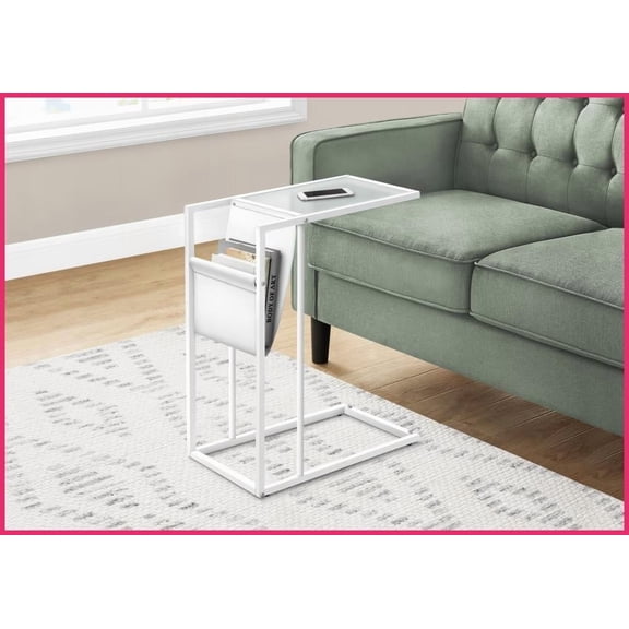 C-Shaped White Leather & Metal Coffee Table Easy-Clean Glass Top, Magazine Storage for Living Room/Bedroom