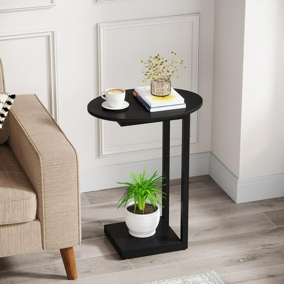 C-Shaped Wood Coffee Table for Small Spaces, Black Side Table End Table with Stable Design