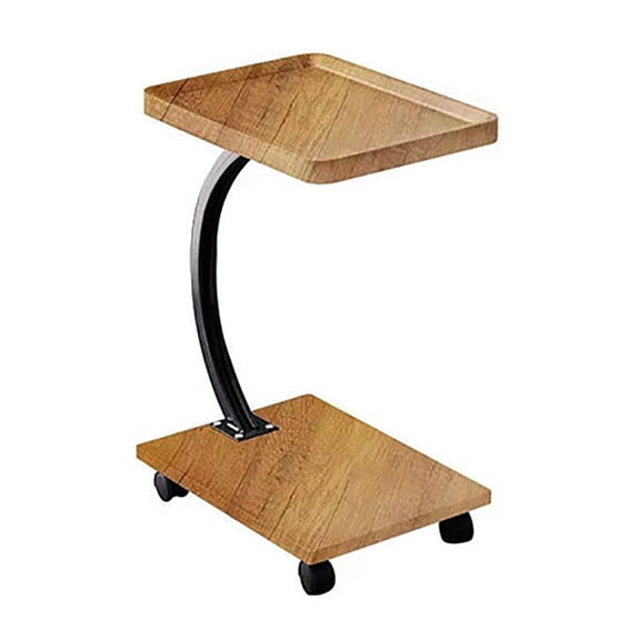 C Shaped Wood End Table with Wheels TV Tray Table Bedside Coffee Table for Couch, Burlywood