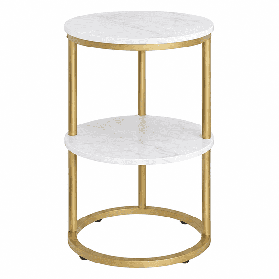C Shaped end Table,2 Tier Wood Round Side Table for Couch,Small Sofa Table with Metal Frame for Bedroom,Living Room,Bedside,Gold(11.8" D x 11.8" W x 22.9" H)