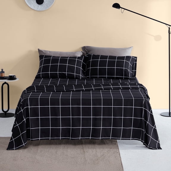 Sonive Soft Microfiber Bed Sheet Set Queen White Grid, 4 Pieces Breathable Geometric, White Checkered Grid