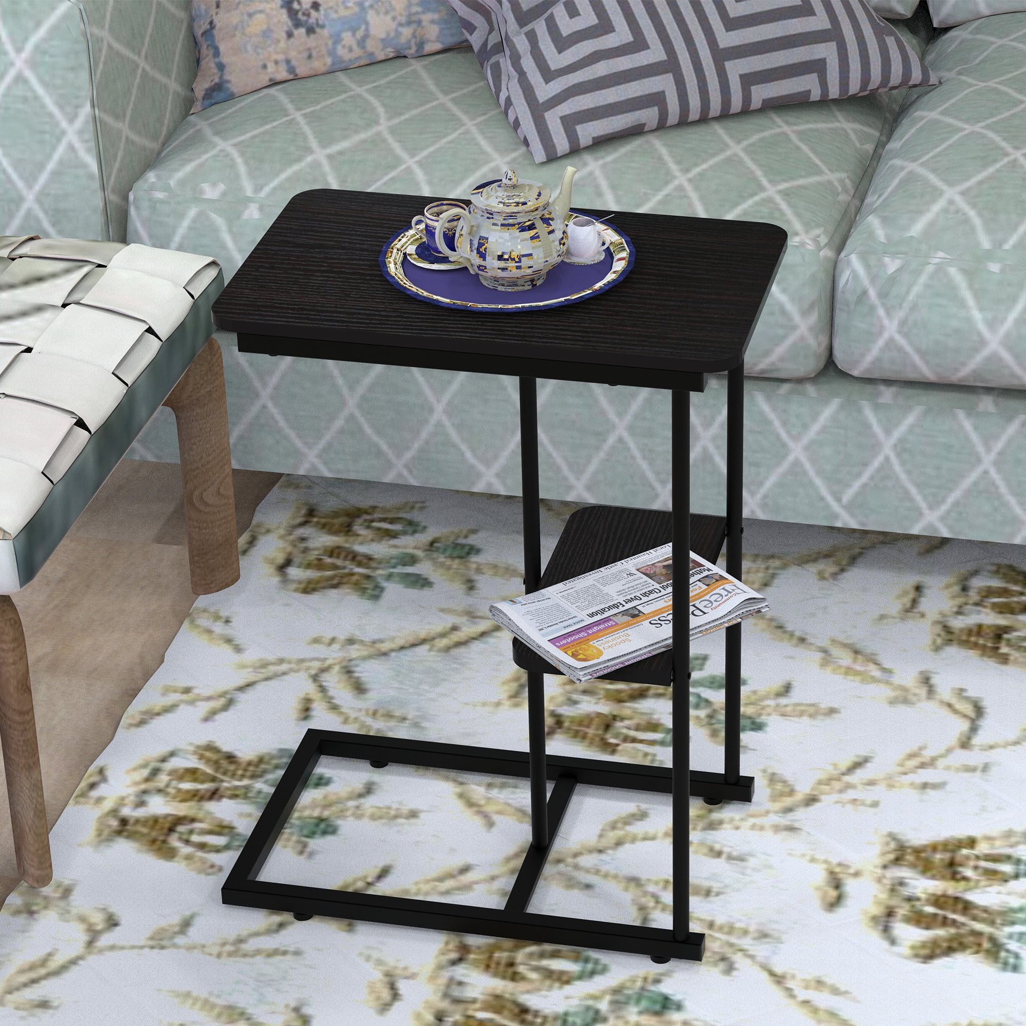 C Side Table, Natural Bed Sofa Snack End Table with Storage Basket, Portablle Laptop Holder Snack Table,Sofa Side Table, Wood Look Accent Table