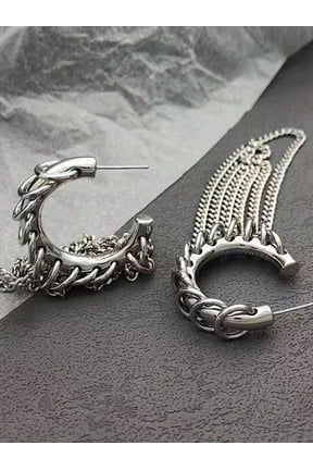 C-Silver Chunky Chain Link Hoop Earrings Stainless Steel Fashion