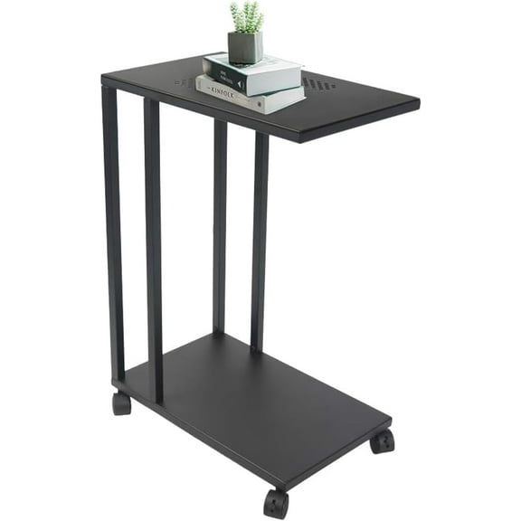 C Sofa Side End Tables TV Tray Tables with Lockable Wheels Metal Top 26 Inch Height Mobile Snack Table for Laptop Tablet Slides Next to Sofa Couch Bed Cart for Business Office Bar Party, Matte Black