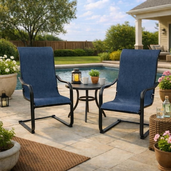 C-Spring Patio Chairs Set of 2, Outdoor Dining Chairs with Spring Motion, Breathable Textilene Fabric & Metal Frame, High Back Textilene Patio Chairs for Backyard, Balcony, Navy Blue