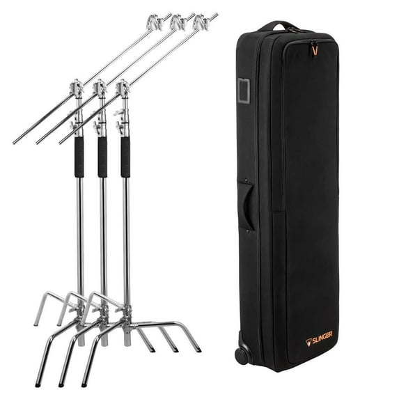 Flashpoint 10' Century Light Stand on Turtle Base Kit, Chrome, 3-Pack w/Slinger L6 BigBag Rolling Bag for 3 C Stand, Two Tier Spring Loaded Riser Column, Two 3" Gobo Heads, Baby Pin & 40" Grip Arm