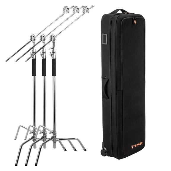 Flashpoint 10' Century Light Stand on Turtle Base Kit, Chrome, 3-Pack w/Slinger L6 BigBag Rolling Bag for 3 C Stand, Two Tier Spring Loaded Riser Column, Two 3" Gobo Heads, Baby Pin & 40" Grip Arm