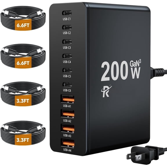 C  Station 10 Port with 4  Cables, 200W GaN Type C  Block, Wall  Power Strip  Plug for  iPhone17 16   Pixel Note Galaxy