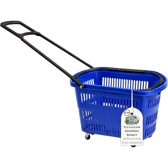 C-Store Packaging Rolling Shopping Basket with Wheels, 9.2 Gallon, Blue, Extendable Pull Handle, 60 LB Capacity, Heavy-Duty Plastic- 15 pack