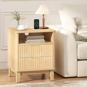 Fluted Nightstand with Charging Station, Bedside Table with 2 Drawers and Storage Shelf, Mid Century Modern Side Table for Bedroom Living Room,Natural