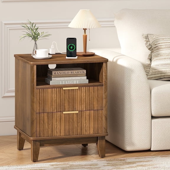 Night Stand with Charger Station, Fluted Nightstand with 2 Drawers and Storage Shelf, Mid Century Modern End Table for Bedroom Living Room