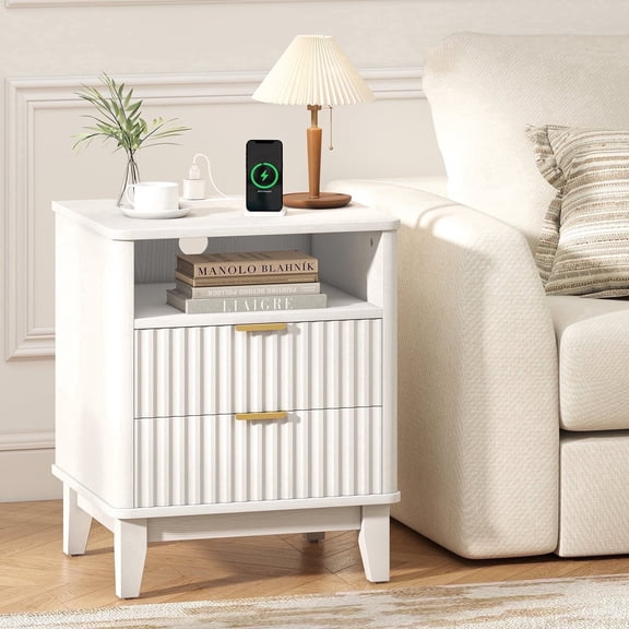 Fluted Nightstand with Charging Station, Bedside Table with 2 Drawers and Storage Shelf, Mid Century Modern Side Table for Bedroom Living Room,White