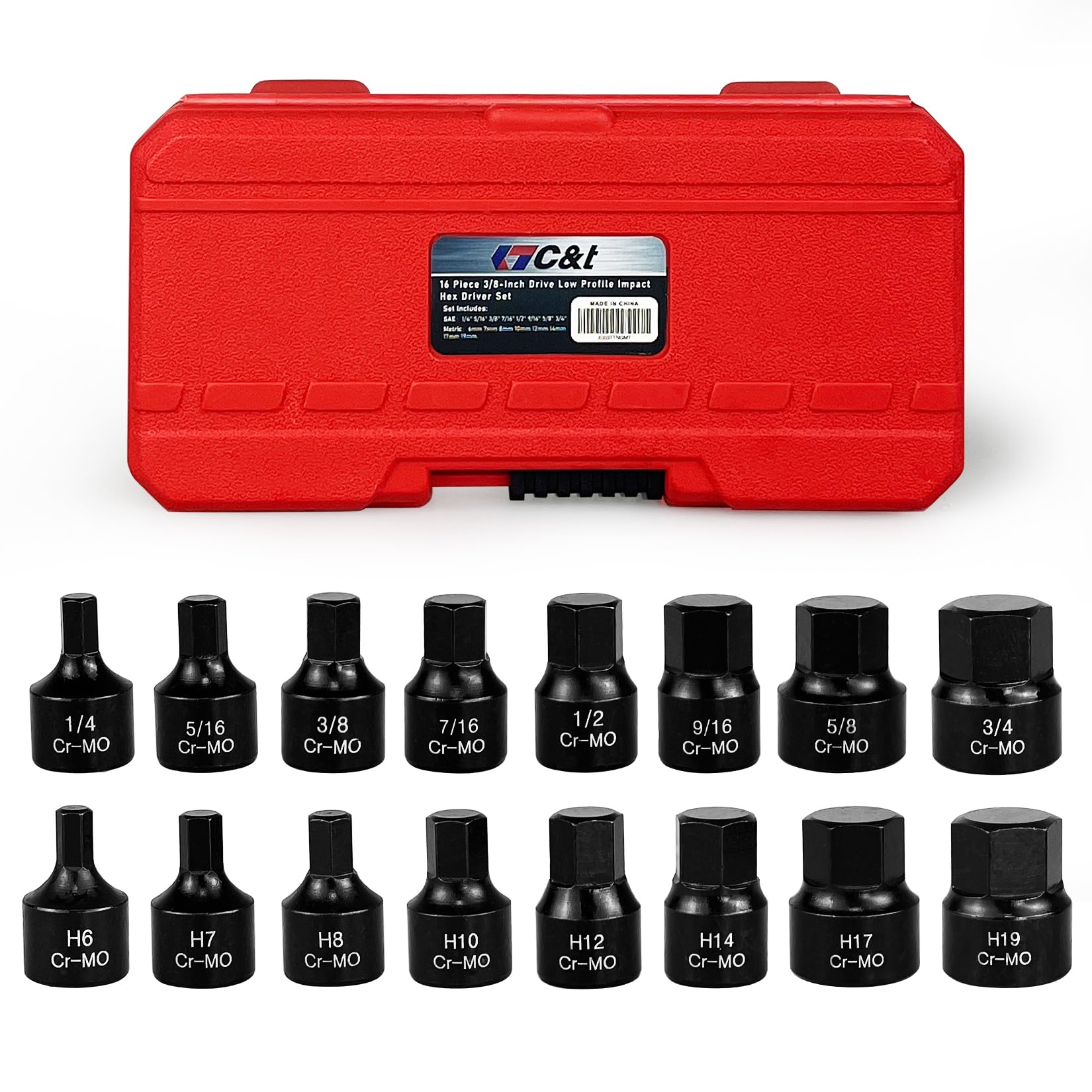 C&T 16 Piece 3/8-Inch Drive Low Profile Impact Hex Driver Set,SAE ...