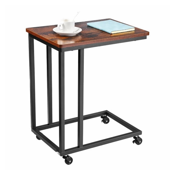 C Table, C Shaped Sofa Side Table - Portable End Table with Wheels for Living Room, Bedroom, Office - Laptop Stand, 19.69 x 13.78 x 23.82 inch, Brown & Black