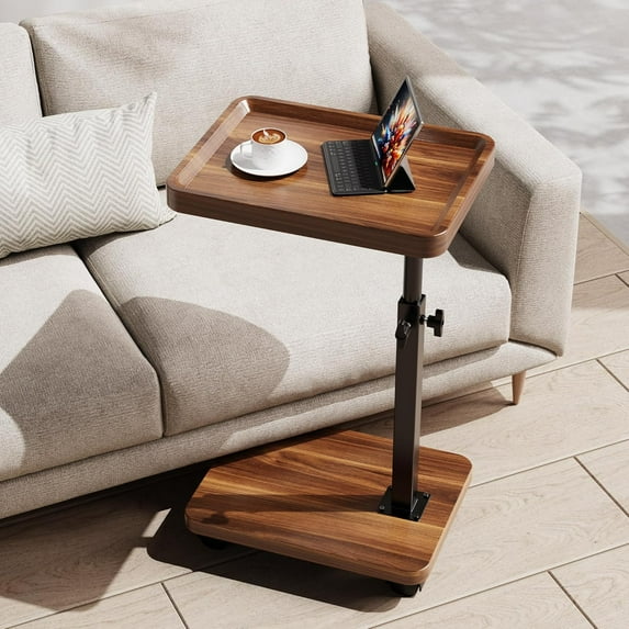 C Table End Table Adjustable Height, 360°Swivel TV Tray Table for Small Spaces, Side Tables with Wheels for Living Room and Bedroom, Bed (Walnut)
