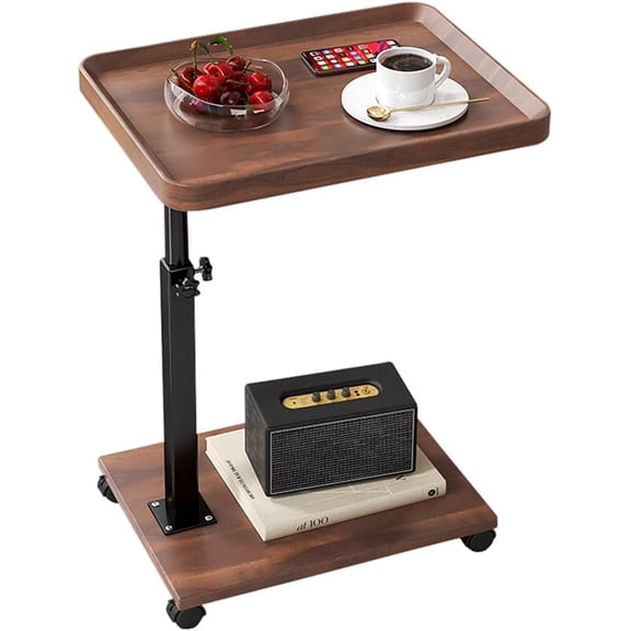 C Table End Table Adjustable Height, 360Swivel TV Tray Table for Small Spaces, Couch Tables with Wheel, for Living Room, Bedroom and Bed Side, Walnut Color