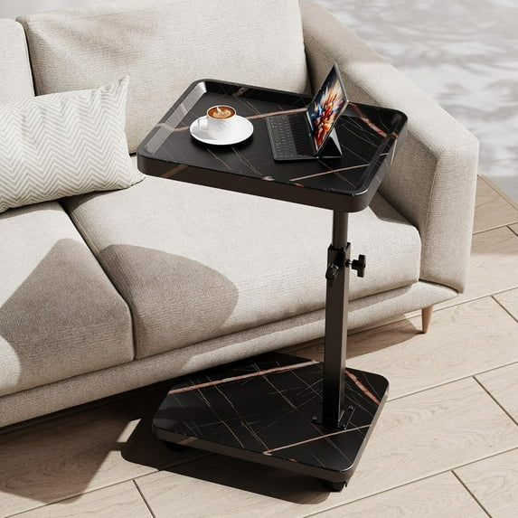 C Table End Table Adjustable Height, 360°Swivel TV Tray Table for Small Spaces, Side Tables with Wheels for Living Room and Bedroom, Bed (Black-15.7 x 11.8 inches)