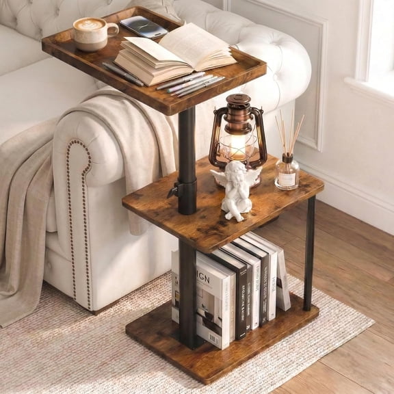 C Table End Table Adjustable Height, 360°Swivel TV Tray Table for Small Spaces, Small Nightstand for Living Room, Bedroom, Rustic