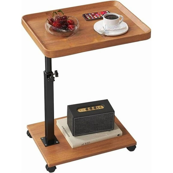 C Table End Table Adjustable Height, 360°Swivel TV Tray Tables for Small Spaces, That Slide Under Sofa with Wheels, Side Tables for Eating On Couch, Bedroom or Livingroom, Wood Color