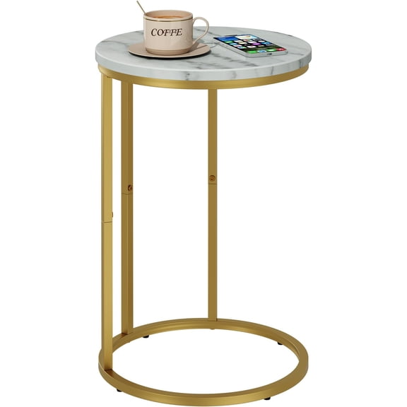 C Table End Table, Marble C Shaped Sofa Side Table, Couch Tables that Slide Under, Snack Accent Table for Living Room Bedroom Small Space, Marble Top and Metal Frame