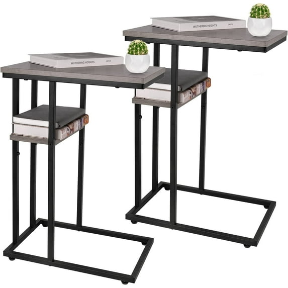 C Table End Table Set of 2, Side Tables Living Room, C Shaped Side Table, Couch Tables That Slide Under Couch Table with Metal Frame, Rustic Snack Table for Bedroom/Small Spaces Large Desktop,Greige