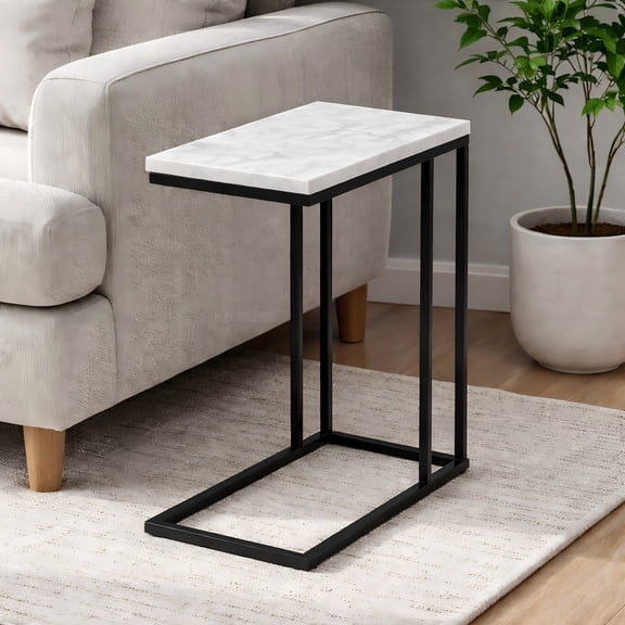 C Table For Sofa With White Marble Top Decortaive Side Table End Table For Living Room Black Metal Frame 16.25X9.5X24.75"