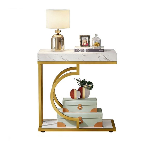 C Table Modern Coffee Table, Bedside End Table with Metal Frame, Small Side Table, Faux Marble Top, Living Room Furniture
