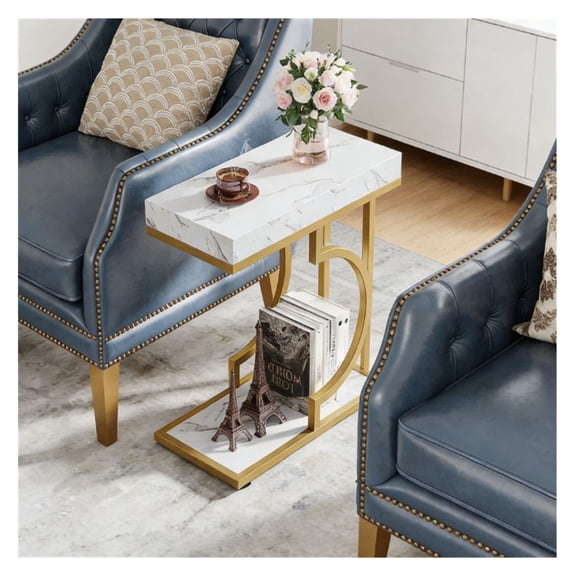 C Table, Modern Coffee Table, Bedside Table with Metal Frame - 24" Height, Faux Marble Top, Small Side Table for Living Room, Bedroom
