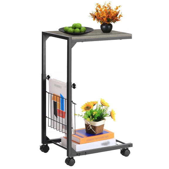 C Table with Wheels, Height Adjustable C Shaped End Table for Sofa & Bed, Movable Side Table for Laptop, Snacks & Books, MDF & Metal Frame with Storage Basket, 21"-33.4" Height Range, Easy Assembly