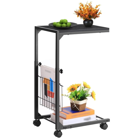 C Table with Wheels, Height Adjustable C Shaped End Table for Sofa & Bed, Movable Side Table for Laptop, Snacks & Books, MDF & Metal Frame with Storage Basket, 21"-33.4" Height Range, Easy Assembly