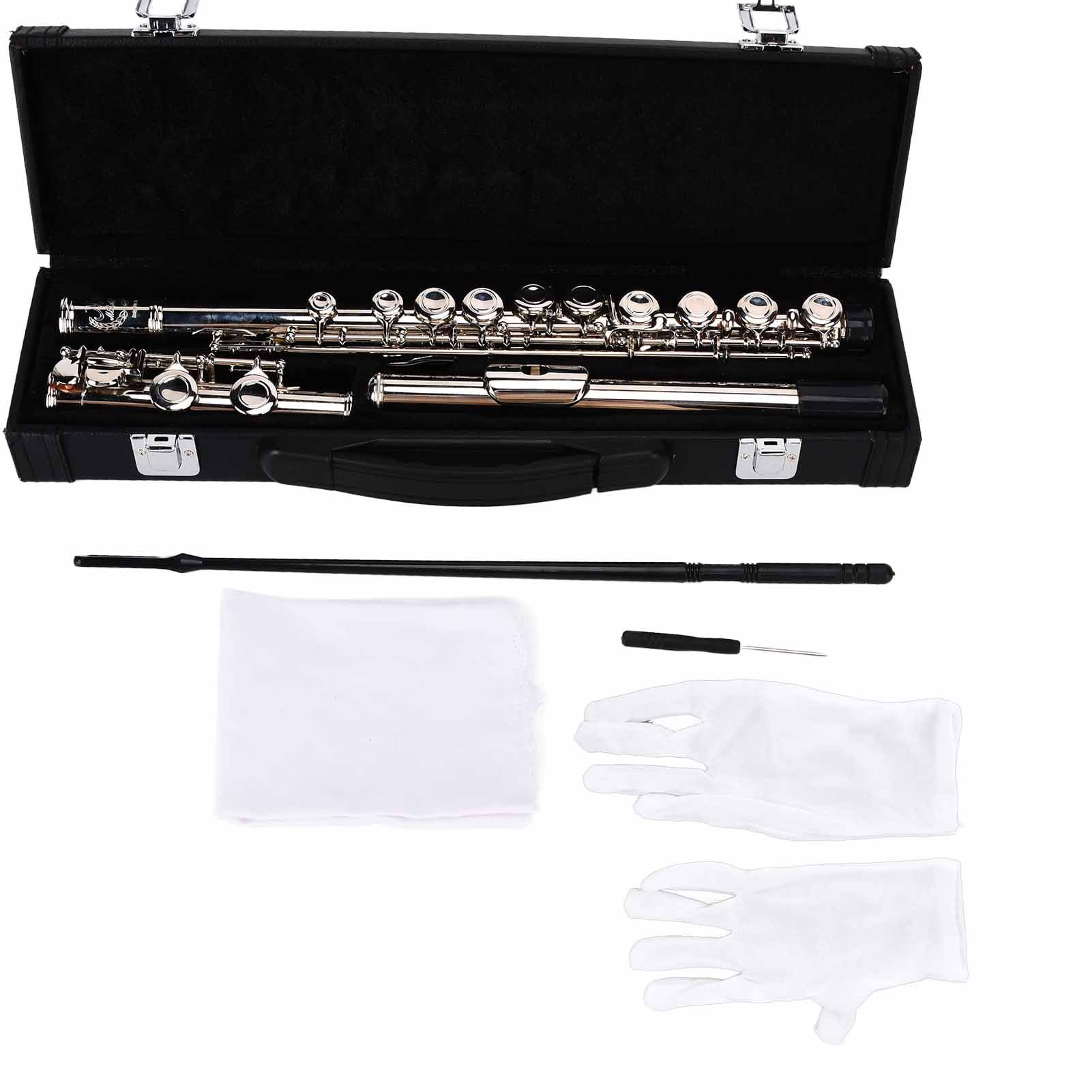 Western Concert Flute Cupronickel Plated Silver 16 Holes C Key Woodwind Instrument With Cleaning Cloth Stick Gloves Mini Screwdriver Padded Case