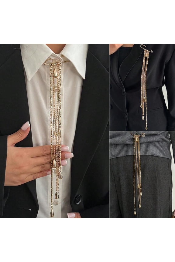 C Variant Goldtone Tassel Chain Lapel Brooch With Crystal Droplets, Elegant Fashion Accessory For Blazers And Shirts