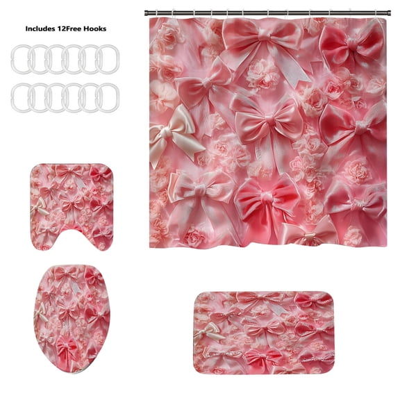 C Waterproof Shower Curtain Set With Bow And Digital Print For Bathroom Decor Includes Mat And Toilet Cover Design C